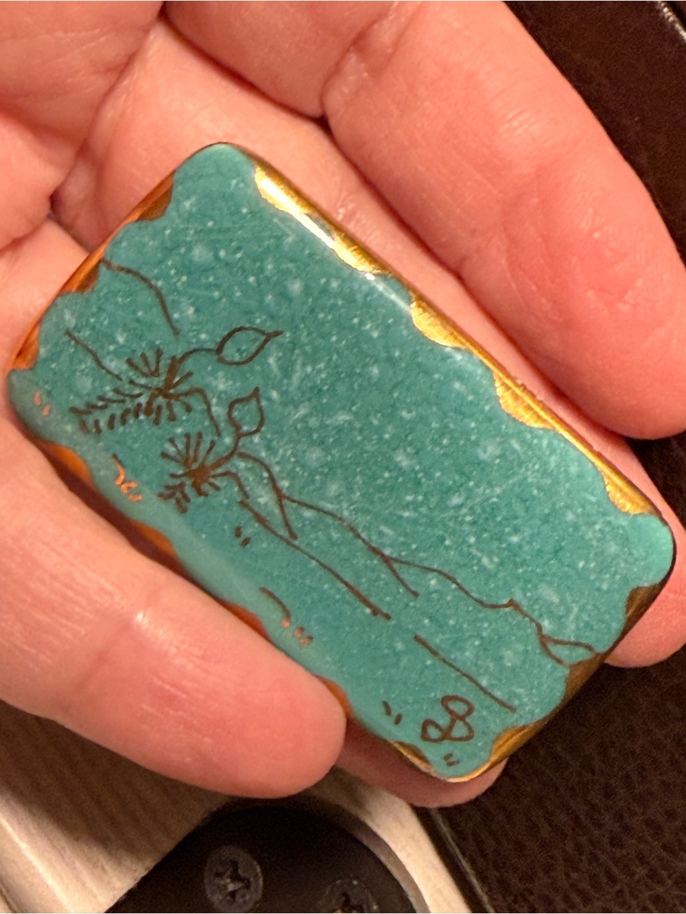 Ariglo vintage handmade ceramic pin w/a turquoise blue Southwestern-style design